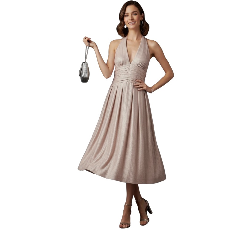 NWT Adrianna Papell Wedding Halter Spring Pleated Cocktail Party Dress Midi Pink